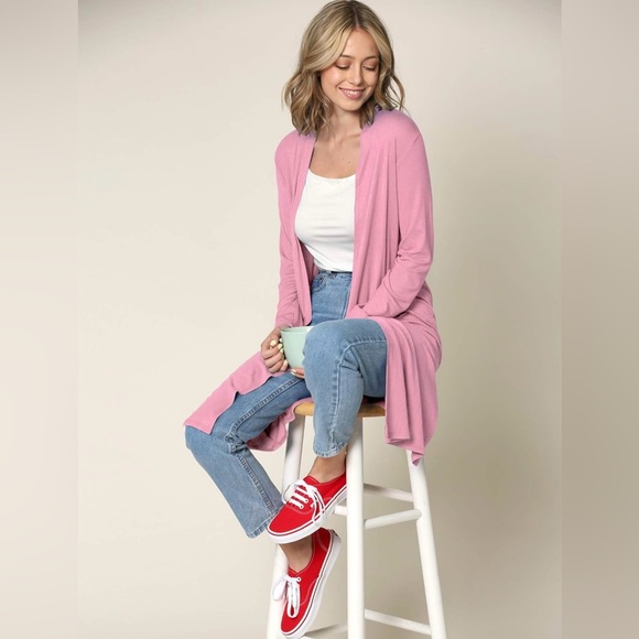 Solid Long Sleeve Open Front Long Cardigan -pink - Picture 4 of 5